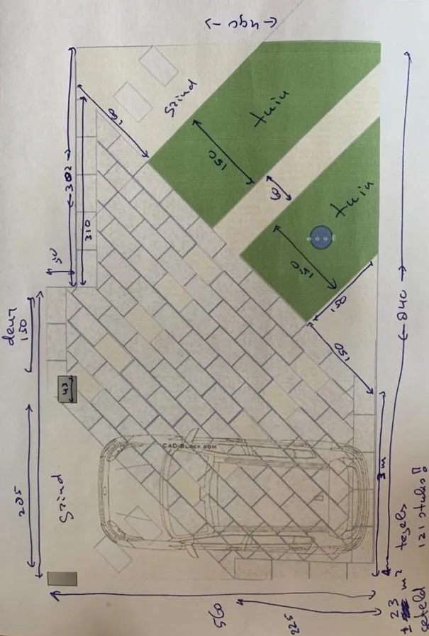 Tuinontwerp op papier met bestrating en beplanting
